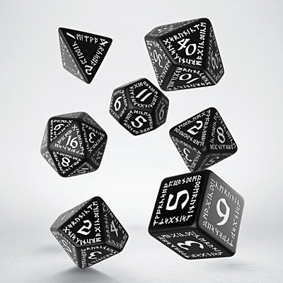 Sada 7 RPG kostek - runové - černo bílé